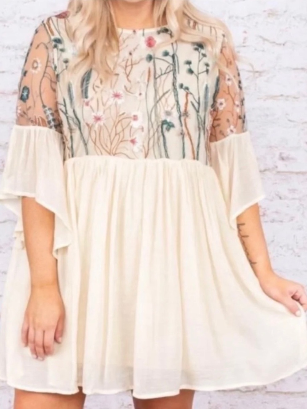 Ivory Floral Embroidered Babydoll Dress